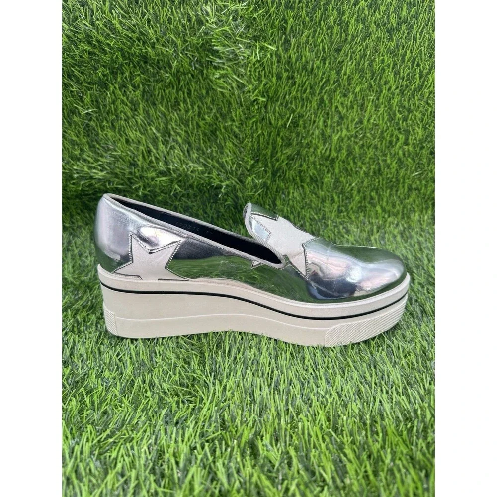 STELLA MCCARTNEY Silver Metallic Faux Leather Binx Star Platform Slip On Shoes 7